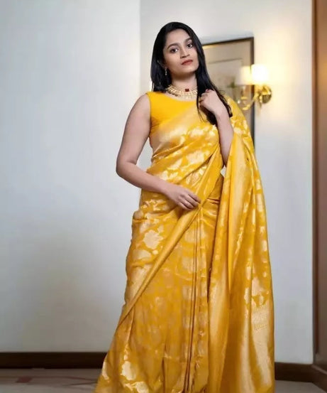 Yellow Traditional Banarasi Soft Silk Saree With Blouse