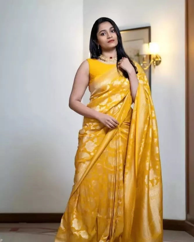 Yellow Traditional Banarasi Soft Silk Saree With Blouse