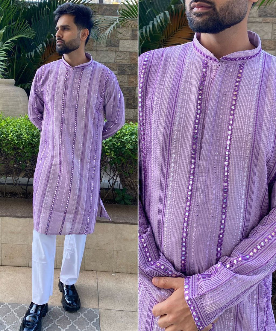 Men\s Heavy Georgette With Heavy Embroidery Work Kurta Pajama Set