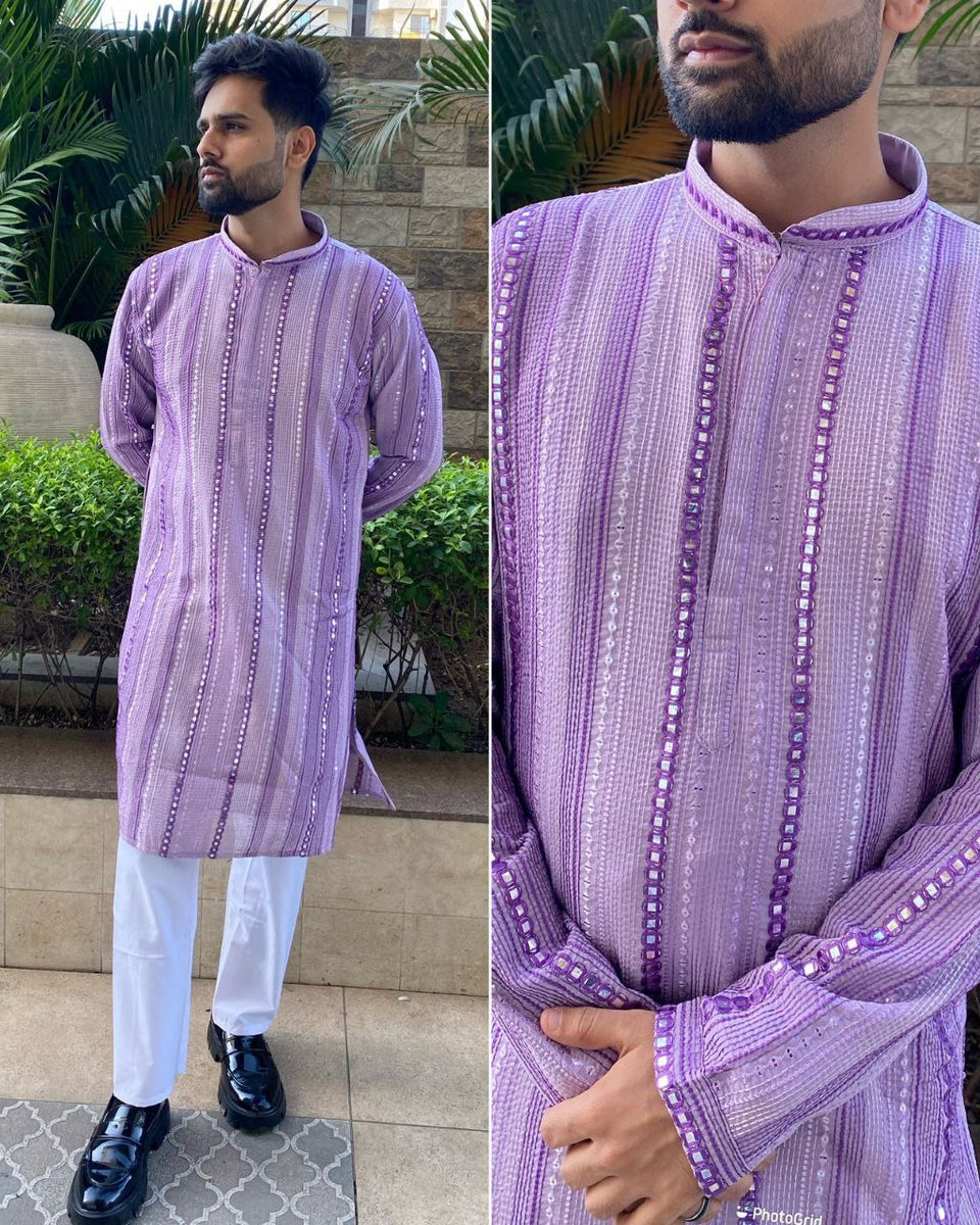 Men\s Heavy Georgette With Heavy Embroidery Work Kurta Pajama Set