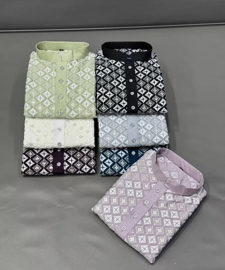 Soft Silk With White Embroidery Thread Work Kurta Pajama Set For Men's