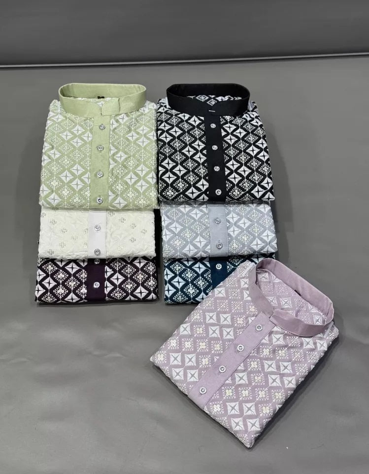 Soft Silk With White Embroidery Thread Work Kurta Pajama Set For Men's