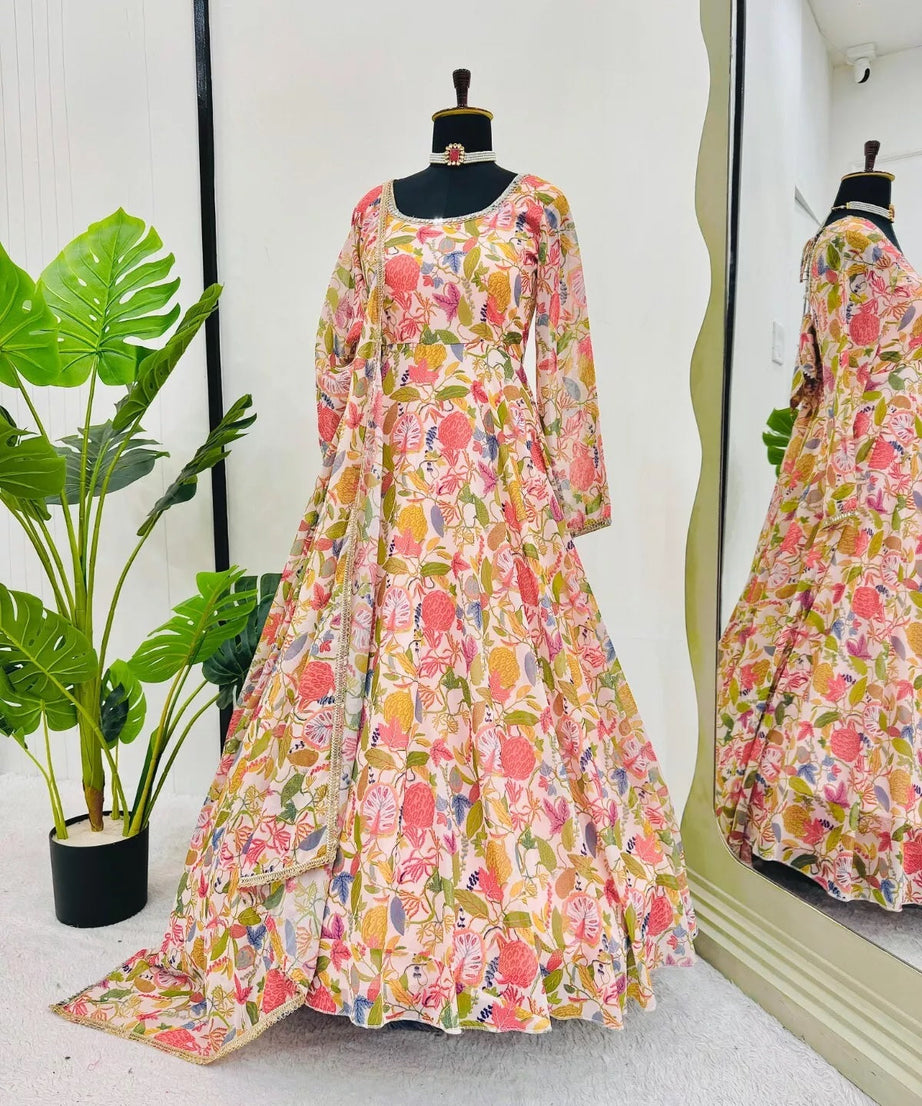 Georgette With Inner  Digital Print Mirror Work Anarkali Suit & Dupatta