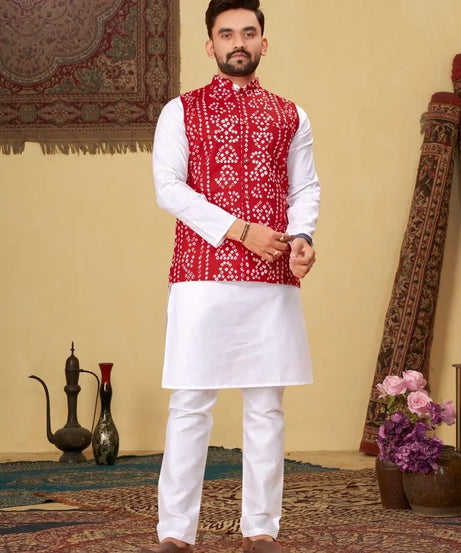 Men's Pure Cotton Bandhni Print Kurta Pajama Set