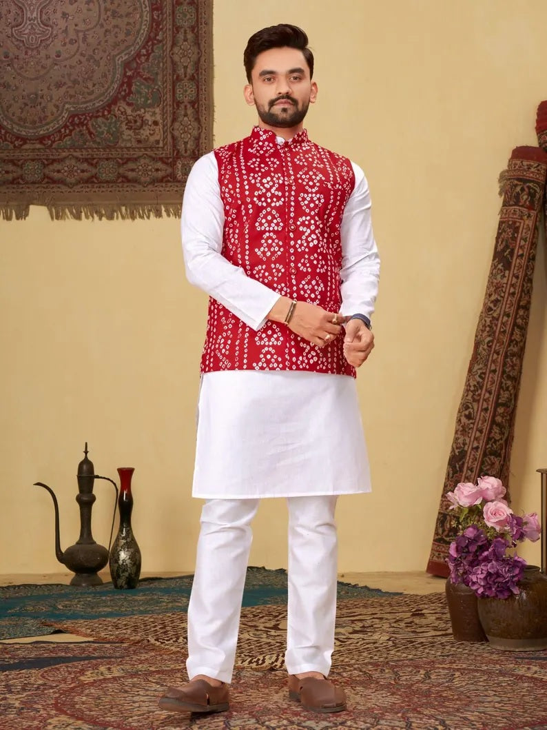 Men's Pure Cotton Bandhni Print Kurta Pajama Set