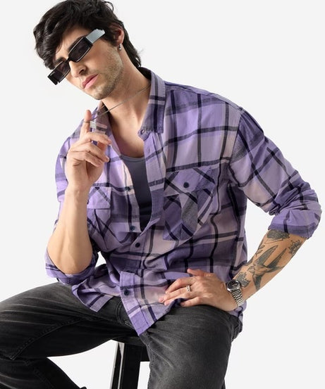 Plaid Purple And Black Men Utility Shirts