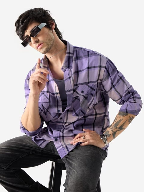 Plaid Purple And Black Men Utility Shirts