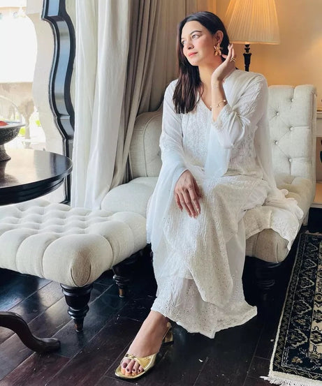 Cotton With Embroidery Diamond Work Top Palazzo Dupatta Set