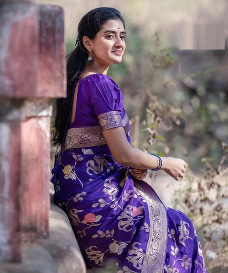 Purple Designer Soft Lichi Silk Saree With Blouse