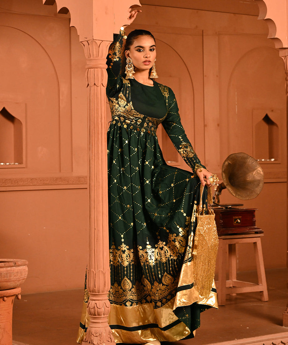 Luxury Emerald Green Gold Embroidered Anarkali Dress For Women(3XL)