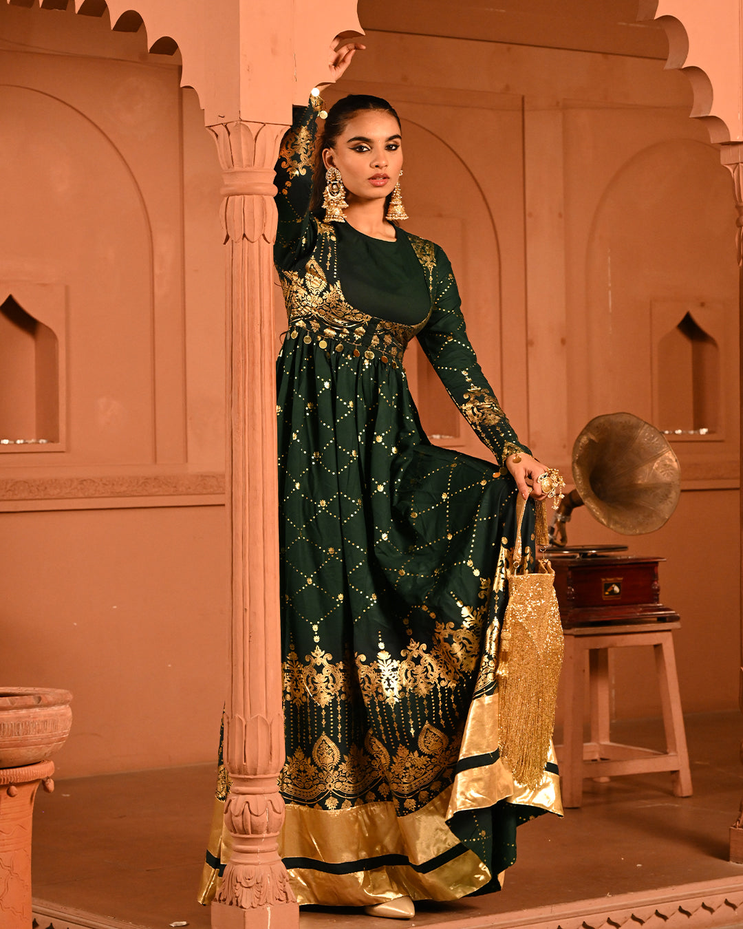 Luxury Emerald Green Gold Embroidered Anarkali Dress For Women(3XL)