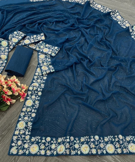 Women's  Beautiful Georgette Festival Wedding Wear Saree & Blouse 11-JR