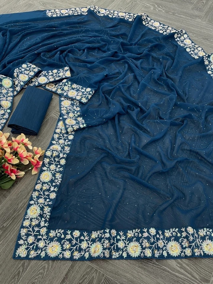 Women's  Beautiful Georgette Festival Wedding Wear Saree & Blouse 11-JR