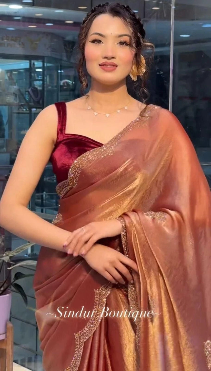 Heavy Soft Fandy Sattin Silk Saree, Siroski Work Sari With Blouse