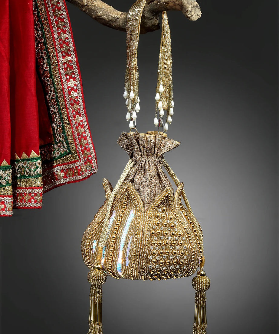 Lotus Stone Work Embellished Faux Silk Potli Bag