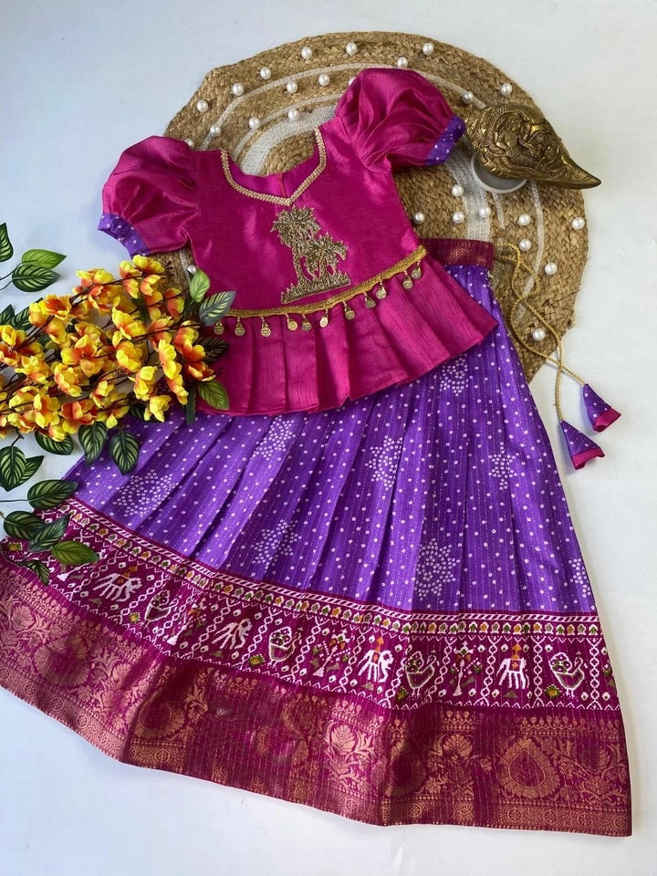 Kids & Girls Heavy Pure Dola Silk With Zari Design Lehenga Blouse 22-KL