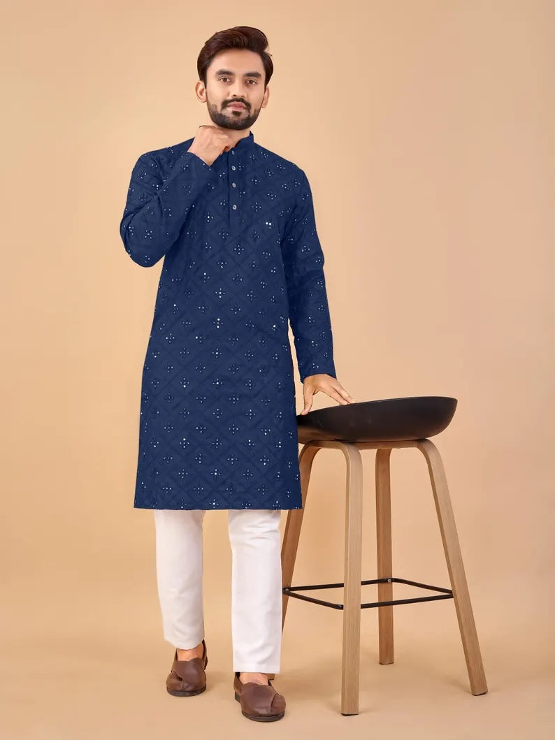 Embroidery Mirror Work Men's Kurta Pajama Set