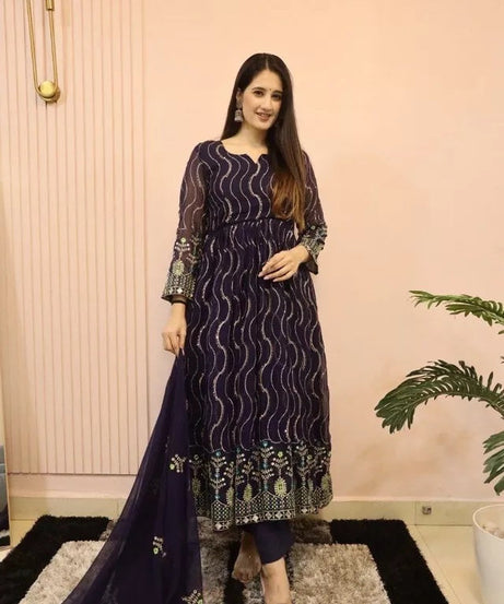 Ethnic Designer Stylish Stitched Faux Georgette Long Anarkali Gown Dupatta