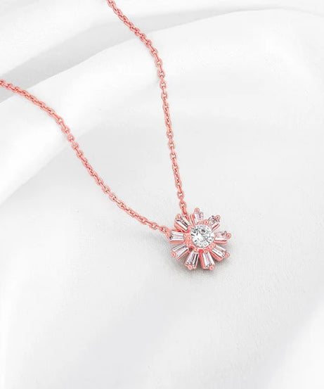 Rose Gold Baguette Flower Pendant with Link Chain