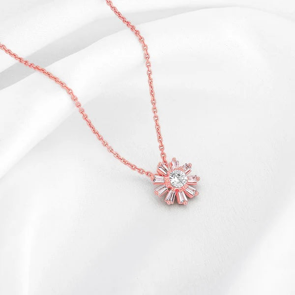Rose Gold Baguette Flower Pendant with Link Chain
