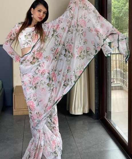 Pure Soft Georgette Silk Ready To Wear Sari With Blouse