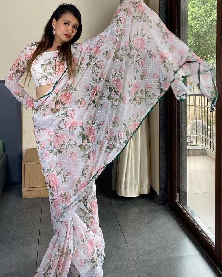 Pure Soft Georgette Silk Ready To Wear Sari With Blouse