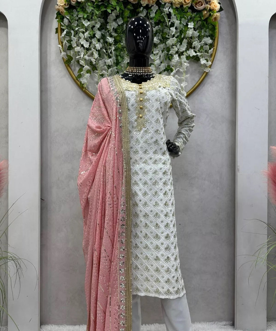 Faux Georgette Traditional Style Top Pant & Dupatta Set