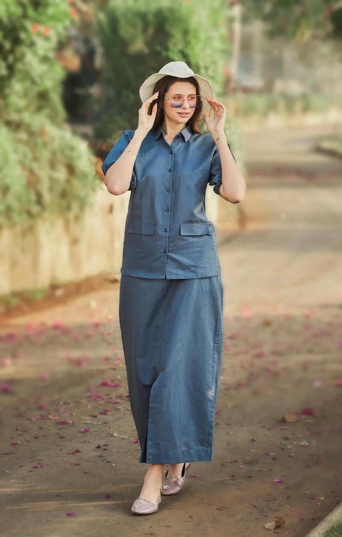 Linen Reglan Sleeve Shirt With Aline Skirt for women