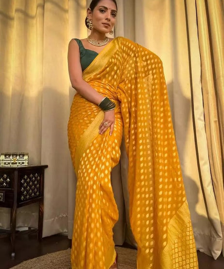 Banarasi Soft Silk Yellow Sari & Blouse