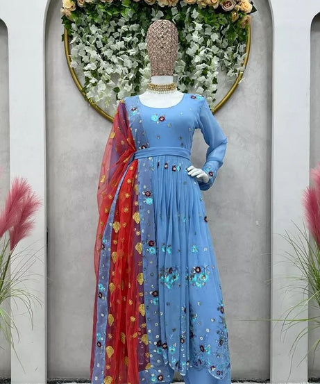 Faux Georgette With Sequence Work Top Afghani With Dupatta