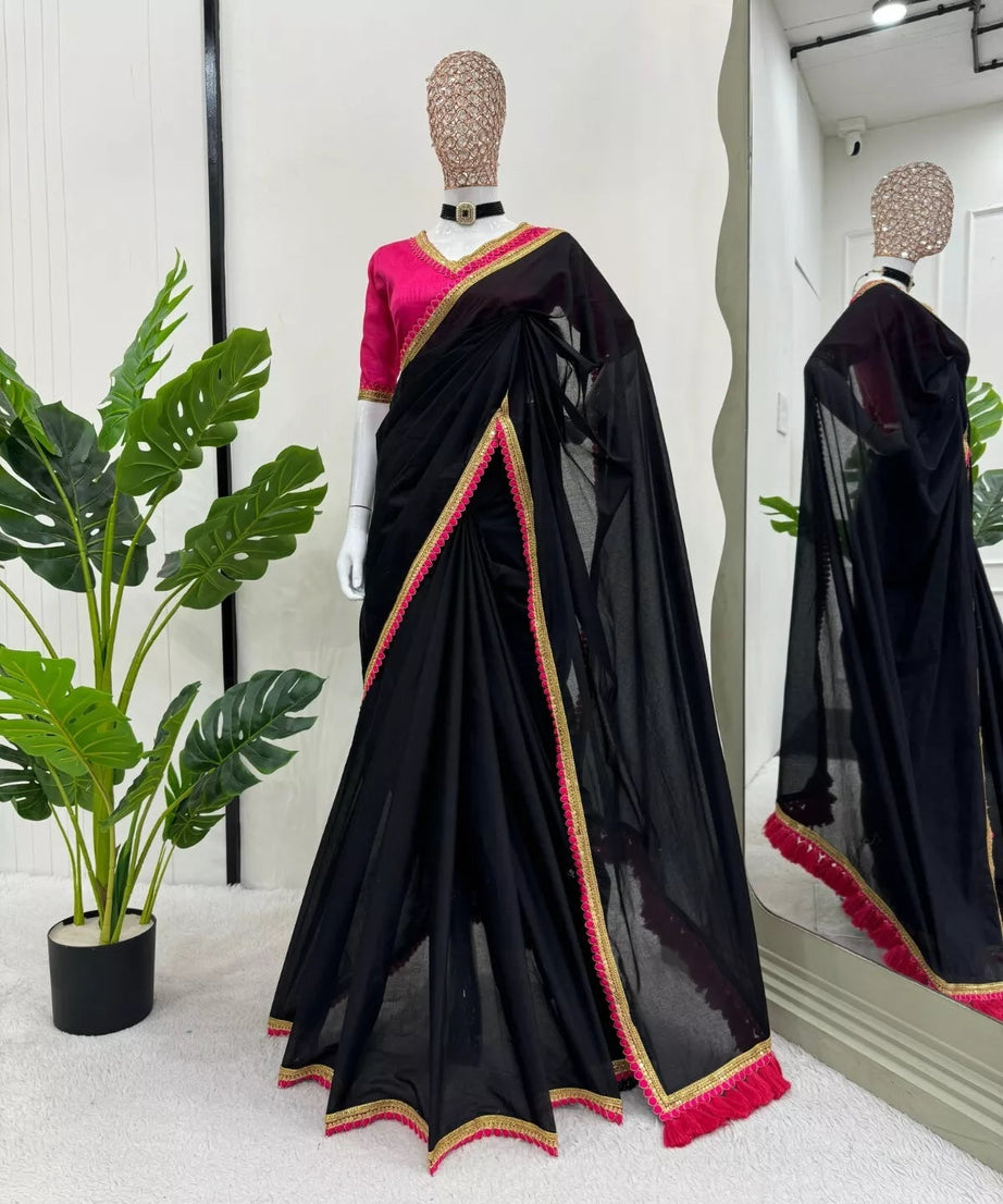 Cotton Saree With Blouse, Wedding Sari With Heavy Latkan On Pallu