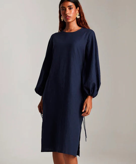 Navy Co-Linen Balloon Sleeves Dress