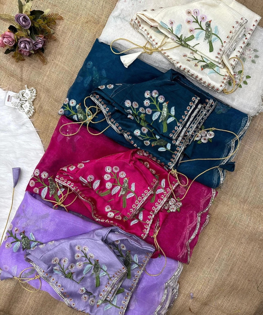 Soft Organza Saree With Embroidery Sequence Work Sari With Blouse