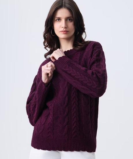Cable Knit Plum Berry Women Oversized Sweaters