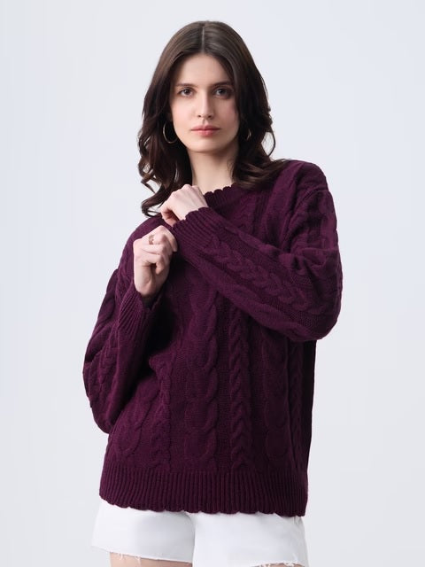 Cable Knit Plum Berry Women Oversized Sweaters