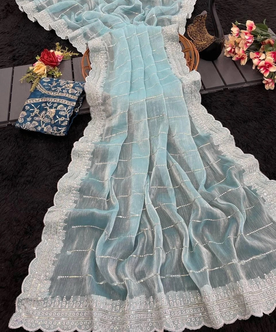 Soft Burburry With Beautiful Sequence Work Sari With Blouse