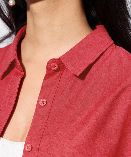 Cotton Linen  Red Women Boyfriend Shirts