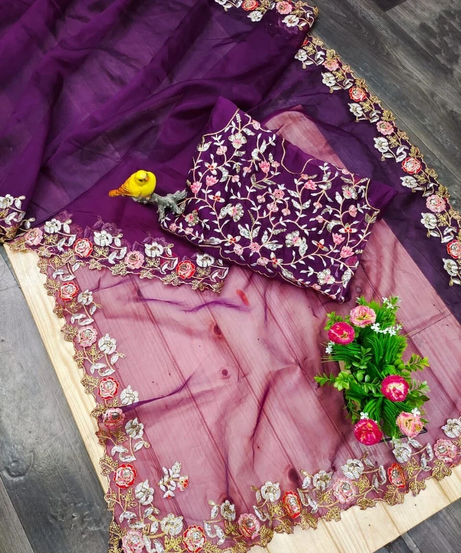 Organza Silk,Sequince & Zari Thread Designer Party Wear Saree & Blouse 11-RV