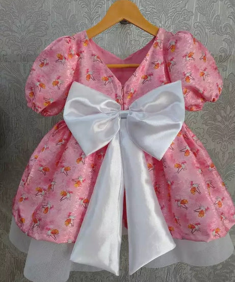 Chic Baby Pink Floral Printed and Butterfly Jacquard Frock