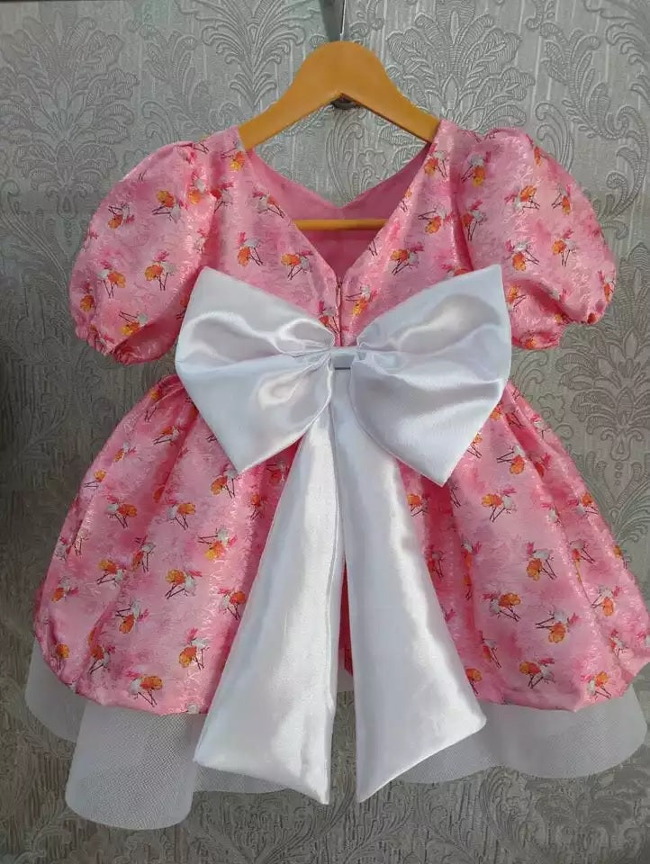 Chic Baby Pink Floral Printed and Butterfly Jacquard Frock