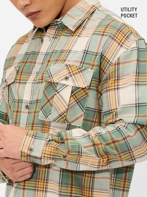 Plaid Green, Beige Men Utility Shirts