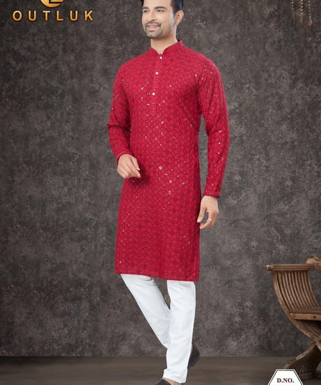 Traditional Wear Rayon Sifly Lakhnawi Kurta Pajama Set For Men's