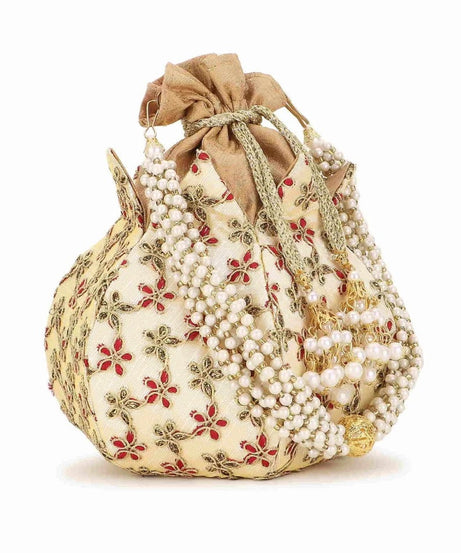 Lotus Floral Embroidered Faux Silk Potli Handbag