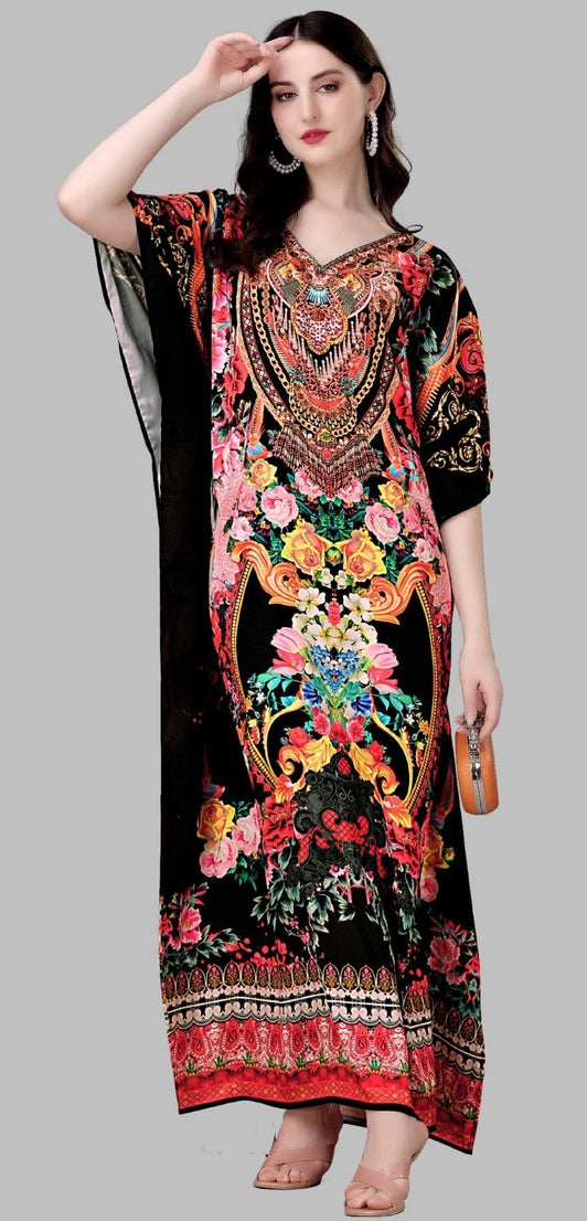Women Soft Satin Silk Printed Kaftan,Beach Party Wear Kaftan Dress For Women