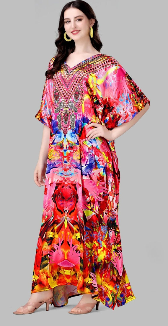 Kaftan Dress Kimono Maxi Style V-Neck Smooth Stain Long Night Gown Dress