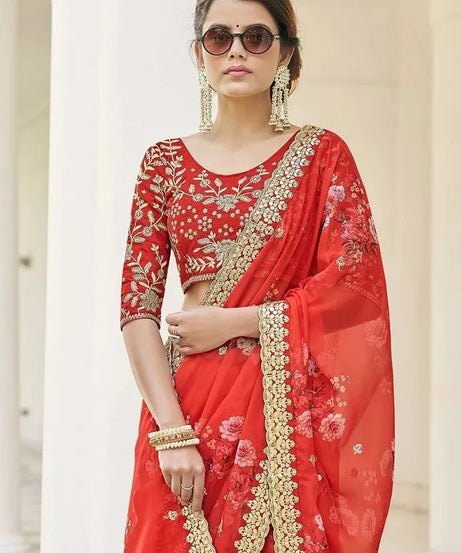 Soft Vichitra Silk Embroidery Sequence Work Saree With Blouse