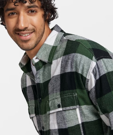 Plaid Green Black Men Utility Shirts