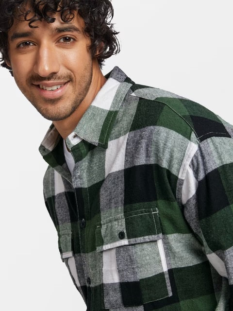 Plaid Green Black Men Utility Shirts