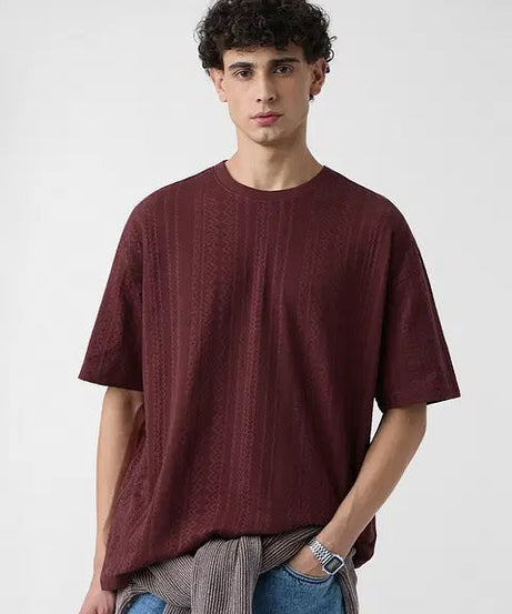 Textured Jacquard Burgundy Oversized T-Shirts