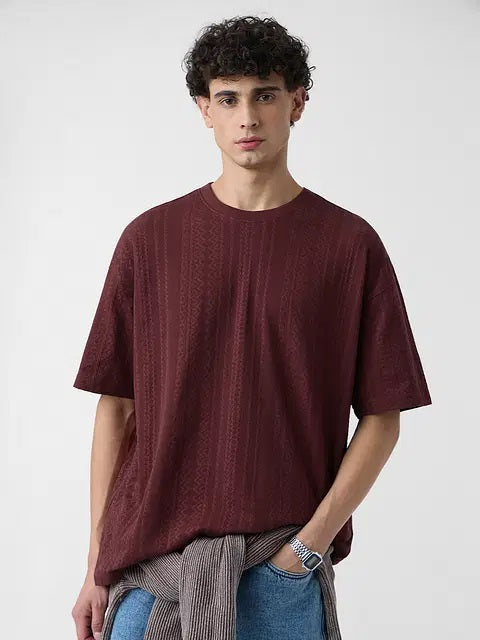 Textured Jacquard Burgundy Oversized T-Shirts